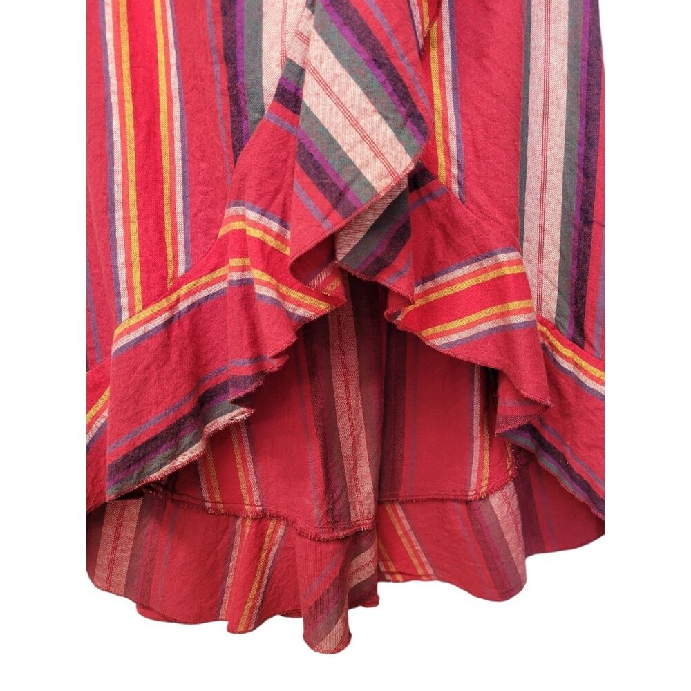 R Cinco Ranch Skirt L Asymmetrical Hem Faux Wrap Red Stripe Elastic Waist Ruffle - Picture 4 of 13